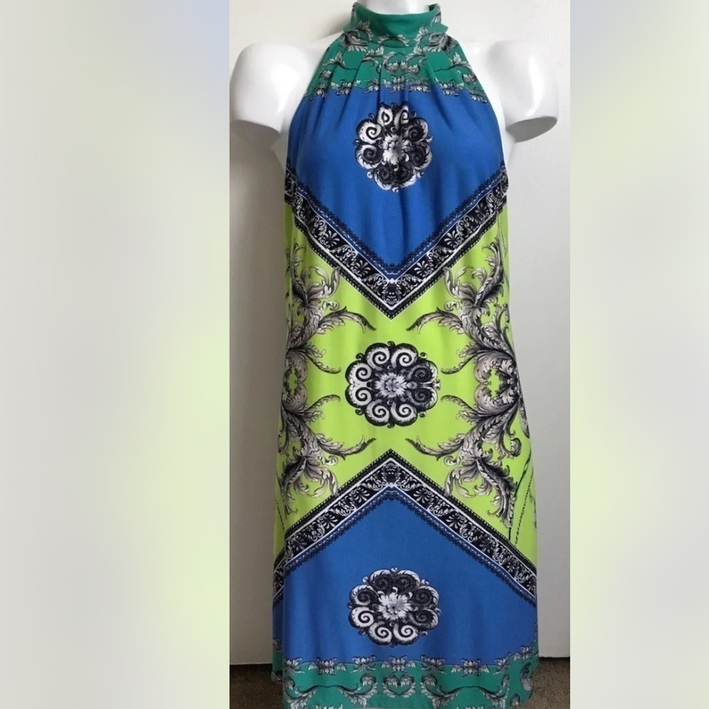 LAUNDRY By Design Shelli Segal Printed Green Blue Sleeveless Shift Dress